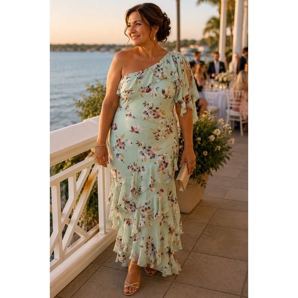 Lauren Ralph Lauren Dresses & Skirts - Lauren Ralph Lauren Floral Crinkled Georgette Gown Sage Green One Shoulder 18